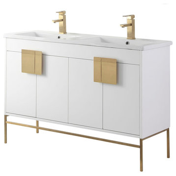 Modern White Bathroom Vanity Set, Satin Brass Hardware, Vireous China Sink Top