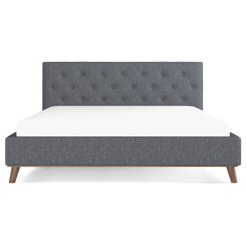 Myler Mid-Century Modern Solid Wood Tufted Dark Grey Fabric Platform Bed, Queen
