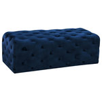 Meridian Furniture - Casey Velvet Upholstered Ottoman/Bench, Navy - Prop your feet up and get comfy with the Casey navy velvet ottoman. This elegant ottoman features a glamorous design with heavy tufting from top to bottom, giving it a sophisticated, upscale look. The padding beneath its velvet upholstery is plump and thick, so your feet and lower legs sink into it in lavish comfort. Buy it on its own, or pair it with other items in the collection for a coordinated vibe in your space.