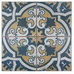 Merola Tile - Kings Canarsie Ceramic Floor and Wall Tile - Old-world European elegance radiates from our Kings Canarsie Ceramic Floor and Wall Tile, imported from Spain. Save time and labor spent arranging smaller square tiles and instead install these durable ceramic slabs, which have four squares separated by scored grout lines. The defining feature of this encaustic-inspired tile is the unique, low-sheen glaze in subdued teal and golden-yellow. The union of sharp angles and simplistic curves are offset by the pattern in the center, an intriguing hybrid of floral designs that distinctly recall Portuguese azulejos. There are 9 different variations available that are randomly scattered throughout each case. Designed by interior architect and furniture designer Francisco Segarra, this tile is a true reflection of vintage industrial design. Imitations of scuffs and spots that are the marks of well-loved, worn, century-old tile bring rustic charm to your interior. The scored grout lines can be grouted with the color of your choice to further customize your installation.
