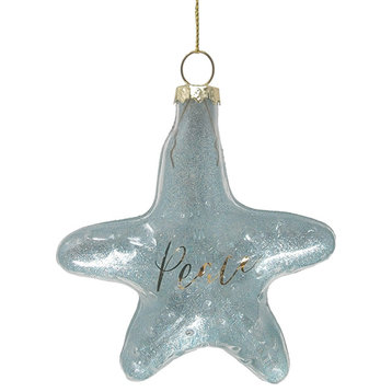 Coastal Clear Starfish Ornament Art Glass Gold Holiday 4 in Sparkly, Clear/Blue - Peace