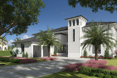 На фото: большой, двухэтажный, белый частный загородный дом в современном стиле с облицовкой из цементной штукатурки, черепичной крышей и серой крышей