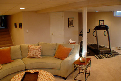 Inspiration for a mid-sized transitional underground carpeted basement remodel with beige walls and no fireplace