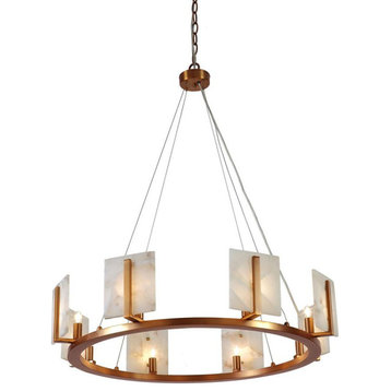 Luxe Back Lit Alabaster Stone Square Ring Chandelier 33 in 8 light White Brass