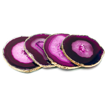 Modern Home Set of 4 Natural Agate Stone Coasters - Pink w/Gold Edge