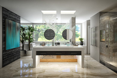 This is an example of an expansive contemporary master bathroom in San Francisco with dark wood cabinets, a freestanding tub, a double shower, marble, marble floors, an integrated sink, engineered quartz benchtops and a hinged shower door.