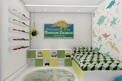 Ejemplo de dormitorio infantil de 4 a 10 años minimalista pequeño con paredes verdes, suelo de baldosas de cerámica, suelo blanco, todos los diseños de techos y todos los tratamientos de pared