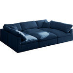 Meridian Furniture - Plush Velvet / Down Standard Comfort 6-Piece U-Shaped Modular Sectional, Navy - No matter how big or little the size of your gang, they can all find their sweet spot when you choose pieces from the Plush collection to build your ideal seating group. Choose this six-piece set or pair multiple pieces together to get the custom look everyone will love. The soft navy velvet material is soft and welcoming to the touch, and the set's cushions are overstuffed with a down and feather blend to provide ample support for tired bodies.