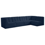 Meridian Furniture - Relax Velvet Upholstered 5-Piece L-Shaped Modular Sectional, Navy - Bolster a contemporary vibe in your living room with this Relax navy modular sectional. Soft navy velvet upholstery offers delicate comfort, making this sectional cozy for anyone who sits in it. Biscuit tufting gives this sectional texture and a modern style, adding extra comfort and elegance to your living space. It's modular design allows you to create infinite configurations, making it a versatile piece to add to your home. A latch underneath the sectional makes it easy to attach to other pieces.