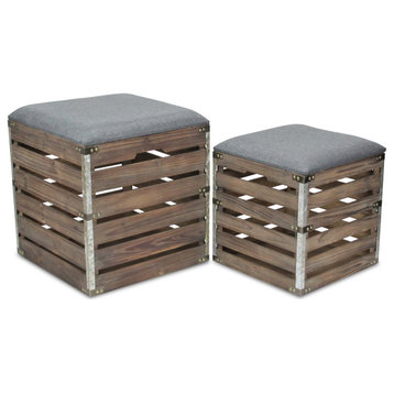 2-Piece Square Wood Slat Storage Bench With Metal Accent And Cushioned Lid