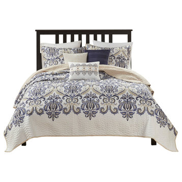 Madison Park Printed Quilt 6-Piece Coverlet Set, Navy/Tan, Full/Queen