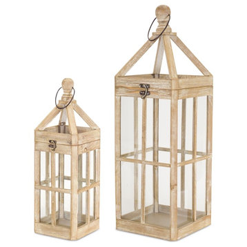 Lantern, 2-Piece Set, 19"H, 27"H Wood/Glass