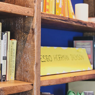 Custom Rustic Bookshelf Styling Detail with Colorful Accents – North Shore MA