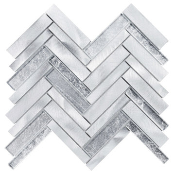 Modket Gray Aluminum Metal Silver Glass Herringbone Mosaic Backsplash TDH526AL
