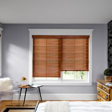 Eclectic Guest Bedroom with Wallpaper | Premium Wood Blinds