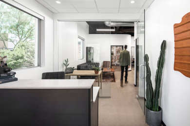 Diseño de despacho minimalista de tamaño medio con paredes blancas, suelo de cemento, suelo gris y escritorio empotrado