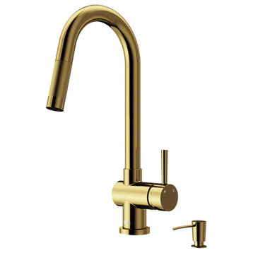 VIGO Gramercy Pull-Down Kitchen Faucet With Soap Dispenser, Matte Brushed Gold