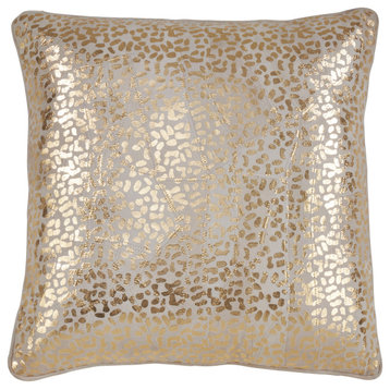 Leather Down Filled Throw Pillow With Leopard Foil Print, 18"x18", Gold