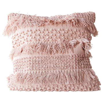 Square Pink Pillow With Fringe and Multiple Designs With Varied Textures