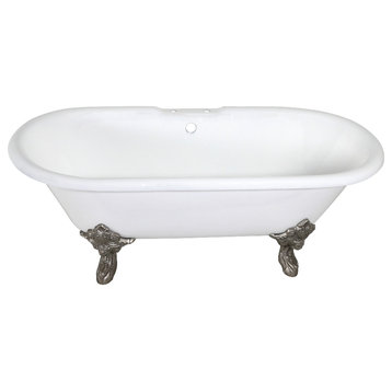 72" Double Ended Clawfoot Tub w/7" Faucet Drillings, White/Brushed Nickel