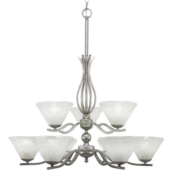 Revo 9 Light Chandelier Shown In Aged Silver Finish With 7" Gold Ice Glass