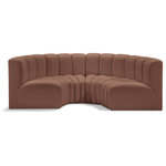 Meridian Furniture - Arc Vegan Leather Upholstered 4-Pc. Inward Curved Modular Sectional, Cognac - Unleash modern opulence with the Arc Vegan Leather 4pc. Sectional. Crafted for the modern connoisseur, this Sectional injects an air of refined luxury into any space. Its sleek silhouette, upholstered in supple cognac vegan leather, exudes timeless sophistication while the deep channel tufting adds textural intrigue, further elevating the chair's visual appeal. The modular design makes it a versatile chameleon, effortlessly adapting to your evolving needs and preferences. Whether you envision it gracing a chic living room corner, basking in the glow of a bedroom window, or adding a touch of drama to a home office, the Arc seamlessly complements your unique interior aesthetic.