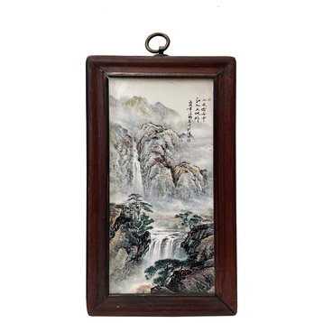 Chinese Wood Frame Porcelain Mountain Tree Scenery Wall Plaque Panel Hws3362