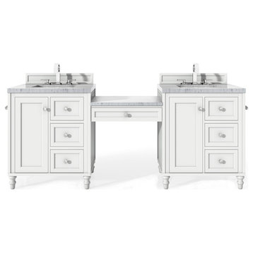 86 Inch Double Bath Vanity, White, Makeup Table, Carerra Marble, Transitional