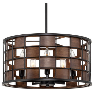 Kira Home Carlson 17" Chic Drum Chandelier, Walnut Wood Style Panel Accents