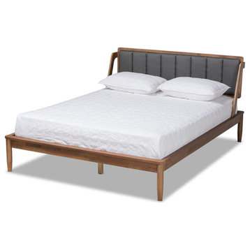 Helsa Dark Gray Fabric Upholstered And Walnut Finished Queen Size Platform Bed
