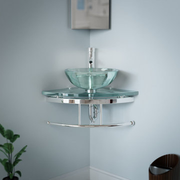 Clear Glass Mini Wall Mount Corner Vessel Sink with Stainless Steel Towel Bar