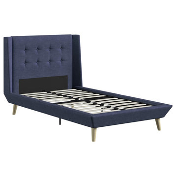 Scandinavian Platform Bed, Splayed Legs & Tufted Headboard, Blue, Twin