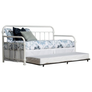 Farmhouse Twin Daybed, Spindle Design With Metal Frame, White, With Trundle