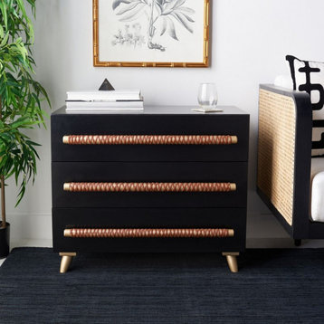 Noel 3 Drawer Chest, Black/Gold/Brown Faux Leather