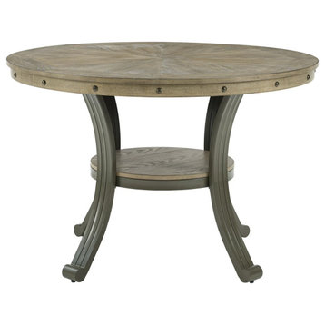 Rustic Dining Table, Metal Legs With Round Top & Lower Open Shelf, Pewter