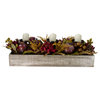 24" Brown Candle Holder with Mums and Pomegranates in a Rectangular Wooden Box