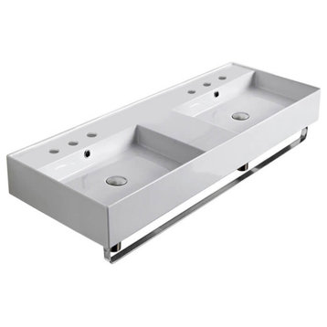 Double Ceramic Wall Mounted Sink With Polished Chrome Towel Holder, Six Hole
