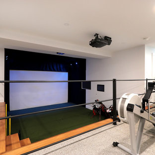 Photo of a large modern look-out basement in Toronto with white walls, carpet and multi-coloured floors.