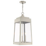 Livex Lighting - Transitional Outdoor Pendant Lantern, Brushed Nickel - This updated industrial design comes in a tapering solid brass brushed nickel frame with a sleek, straight-lined look and features clear glass panels.