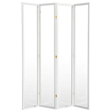 Modern Room Divider, Wooden Frame With Clear Acrylic Screens, White, 4 Panels