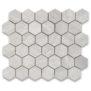 Athens Silver Cream Marble 2" Hexagon Mosaic Tile Texture Multi Finish, 1 sheet