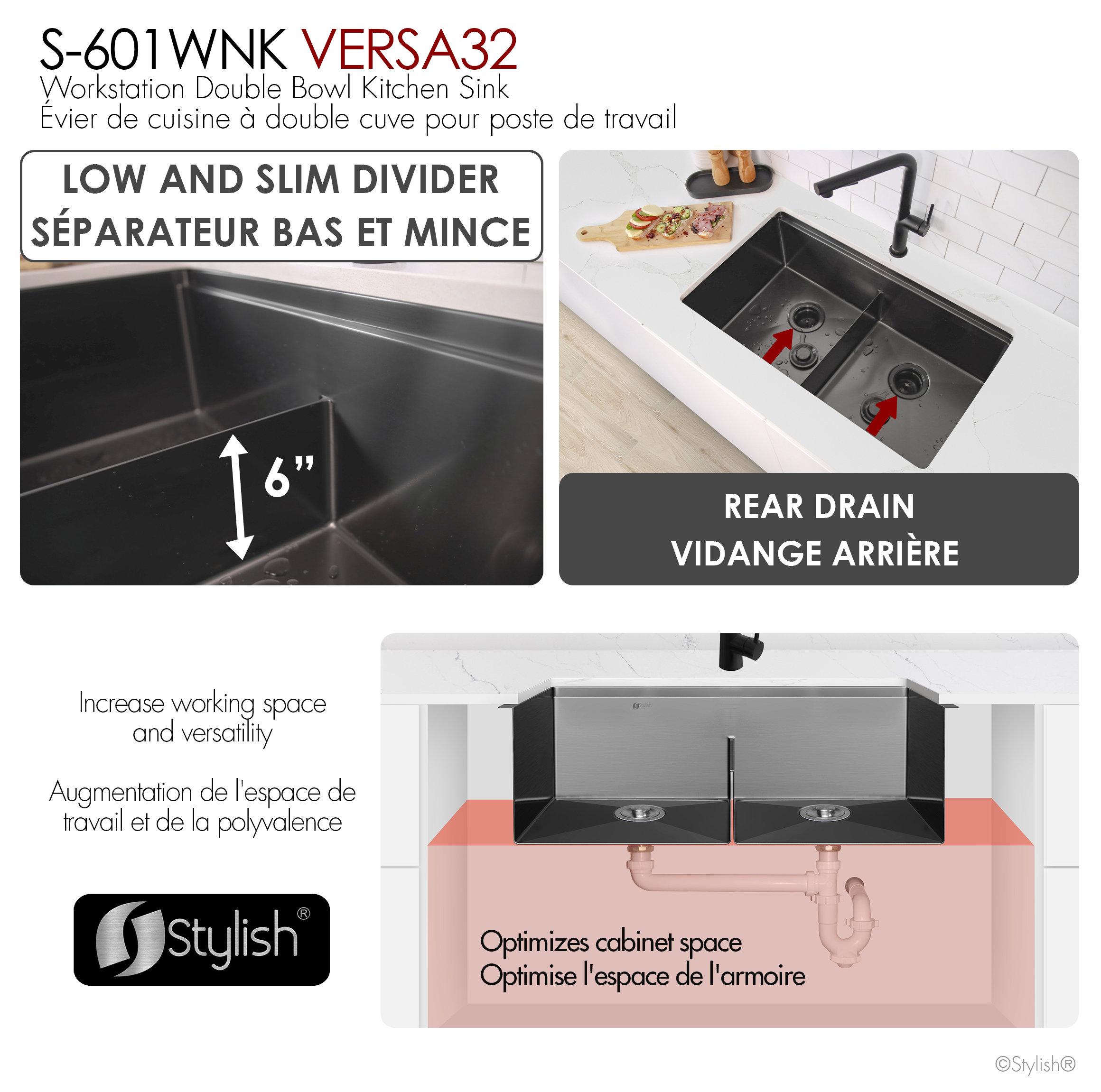 STYLISH 32 in Workstation Double Bowl Undermount Kitchen Sink with Accessories, Graphite