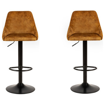 Velvet Adjustable Bar Stool  Brown Upholstered Bar Chair Dining Room Set of 2