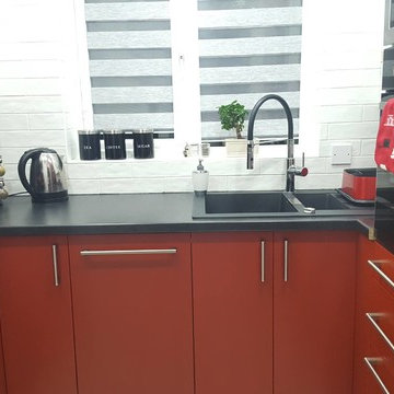 Kitchen with Sprayed Red and White Doors