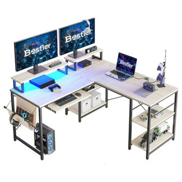 L-Shaped Desk, Metal Frame With Adjustable Shelves & Monitor Stand, Wash White