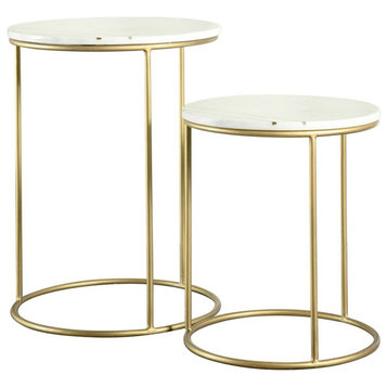 Pemberly Row 2 Piece Round Marble Top Nesting Tables in White and Gold