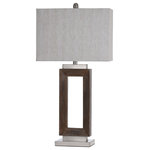StyleCraft - Moulded Hollow Rectangle Table Lamp With Brushed Steel Accents, Blue Finish - A bold contemporary fixture, the Eamon table lamp has brushed steel accents that complement the brown wooden base and the heather oatmeal linen shade. The finish on the steel accents has a light blue tint. The rectangular shade complements the frame, making this brown and silver table lamp a versatile fixture for a family room or living room.
