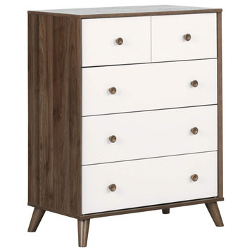 Scandinavian Dresser, Vertical Design With 5 Storage Drawers, Walnut/White