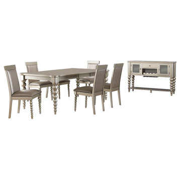 Zaria Champagne Wood 8 Piece Extendable Dining Set, Table, 6 Chairs, Server
