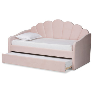 Rankin Modern Light Pink Velvet Daybed, Full Size, With Trundle